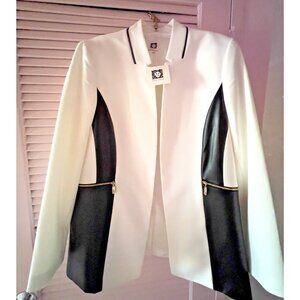 NWT ANNE KLEIN Women Sz L Colorblock Faux-Leather Trim Jacket Open Blazer White